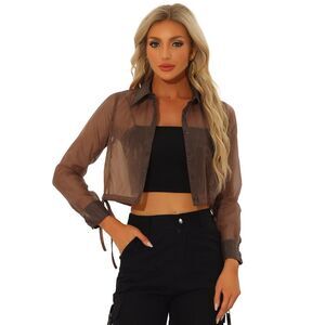 See Through Top Long Sleeve Cropped Mesh Sheer Jacket Brown